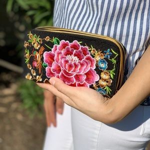 Pink Flower Embroidered Zipper Wallet NWOT
